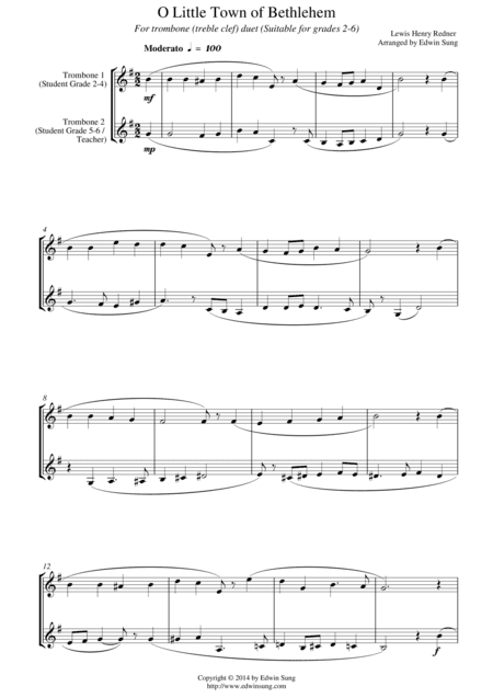O Little Town of Bethlehem (for trombone duet (treble clef), suitable for grades 2-6) (arr. Edwin Sung)