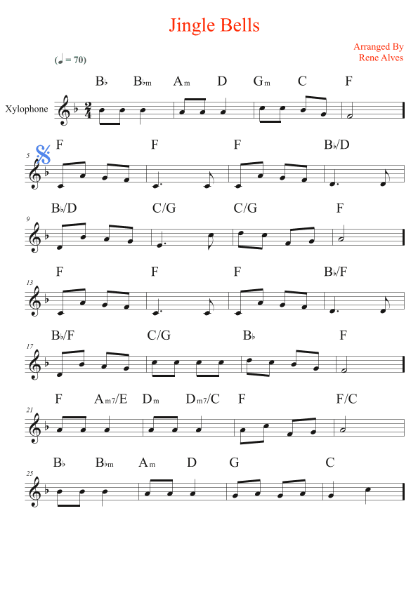 jingle bells, cipher christmas music and melody for xylophone (arr. Rene Alves)