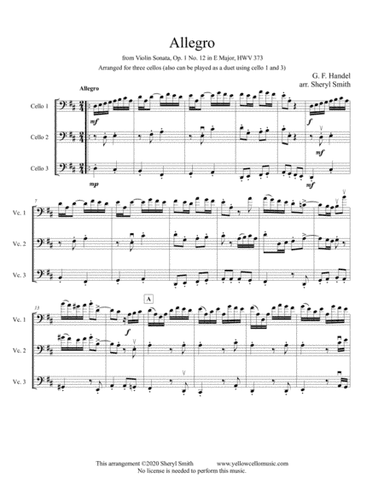 Allegro from Violin Sonata.  Arranged for cello duet or trio in D major.  Originally Op. 1 No. 12 in (arr. Yellow Cello Music)