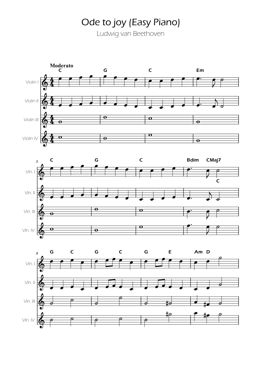 Ode To Joy - Easy Violin Quartet (arr. Ygor Nunes)