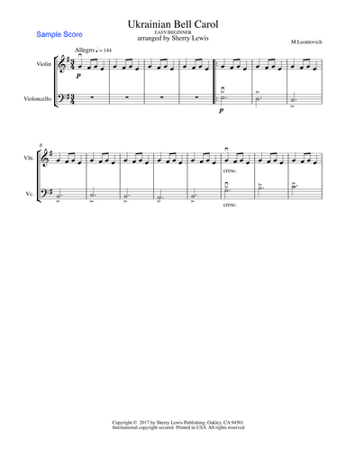 UKRAINIAN BELL CAROL (Carol of the Bells) String Duo, Easy/Beginner for violin and cello (arr. Sherry Lewis)
