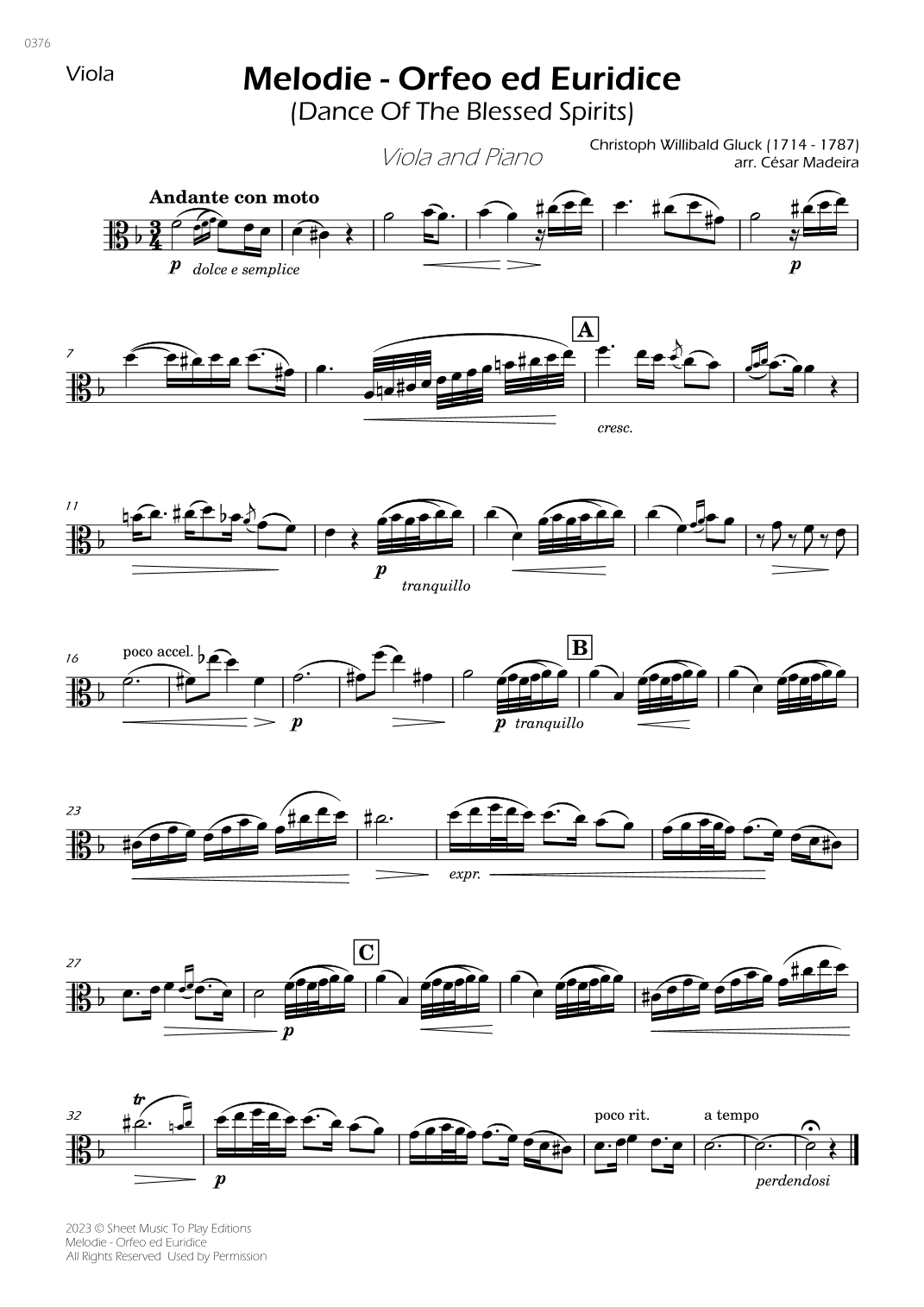 Melodie from Orfeo ed Euridice - Viola and Piano (Individual Parts) (arr. César Madeira)