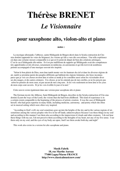 Thérèse Brenet : Le Visionnaire for alto saxophone, viola and piano