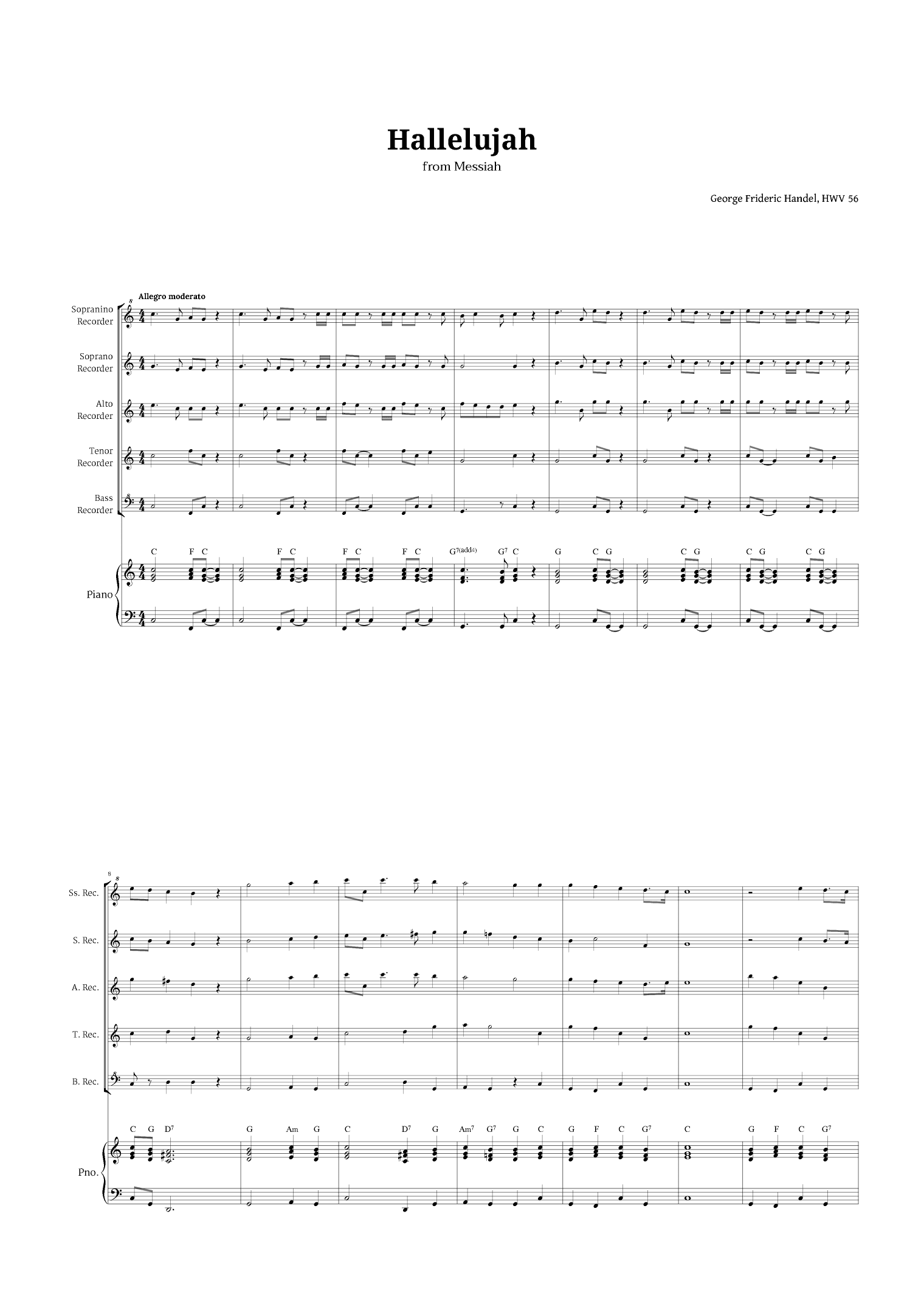 Hallelujah by Handel for Recorder Quintet and Piano (arr. Langanho)