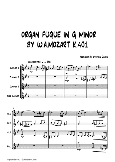 Organ Fugue in G Minor by W.A.Mozart K.401, for Clarinet Quartet. (arr. Stephen Davies)