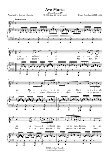 Ave Maria (Schubert) in A (Piano & Voice Parts in Latin) (arr. Joshua Chandra)