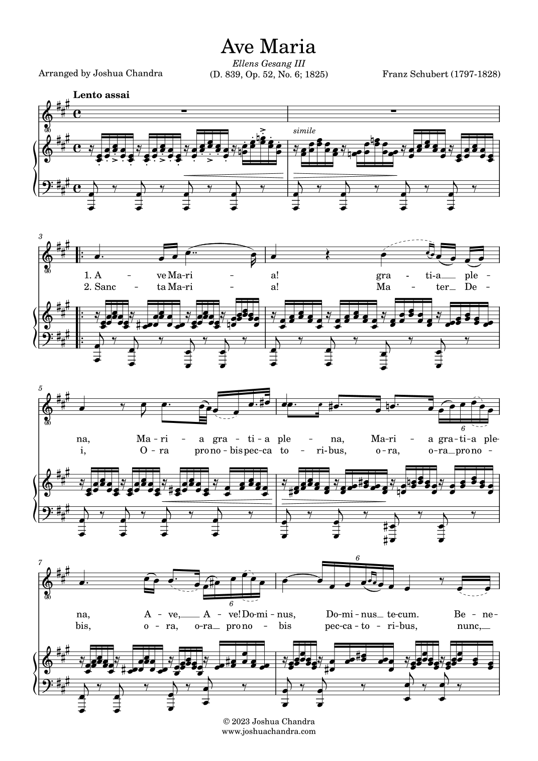 Ave Maria (Schubert) in A (Piano & Voice Parts in Latin) (arr. Joshua Chandra)