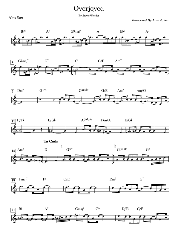Overjoyed (arr. Transcribed By Marcelo Rea)
