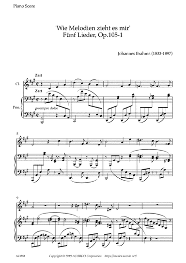 'Wie Melodien zieht es mir (It moves like a melody)' Op.105-1 for Clarinet & Piano (arr. Kamada, Mikio)