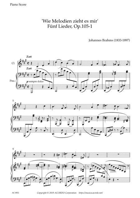 'Wie Melodien zieht es mir (It moves like a melody)' Op.105-1 for Clarinet & Piano (arr. Kamada, Mikio)