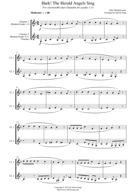 Hark! The Herald Angels Sing (for clarinet(Bb) duet, suitable for grades 1-5) (arr. Edwin Sung)