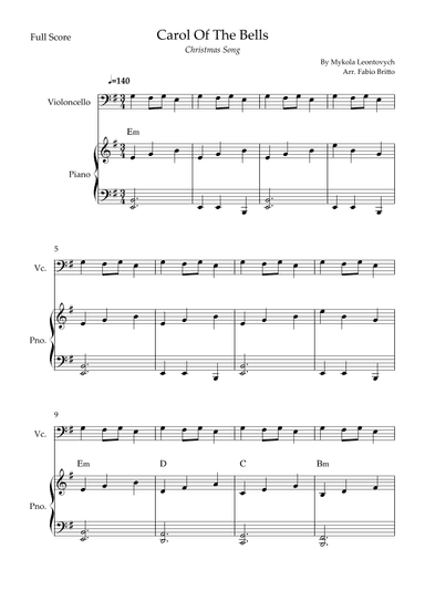 Carol Of The Bells (Christmas Song) for Cello Solo and Piano Accompaniment with Chords (arr. Fabio Britto)