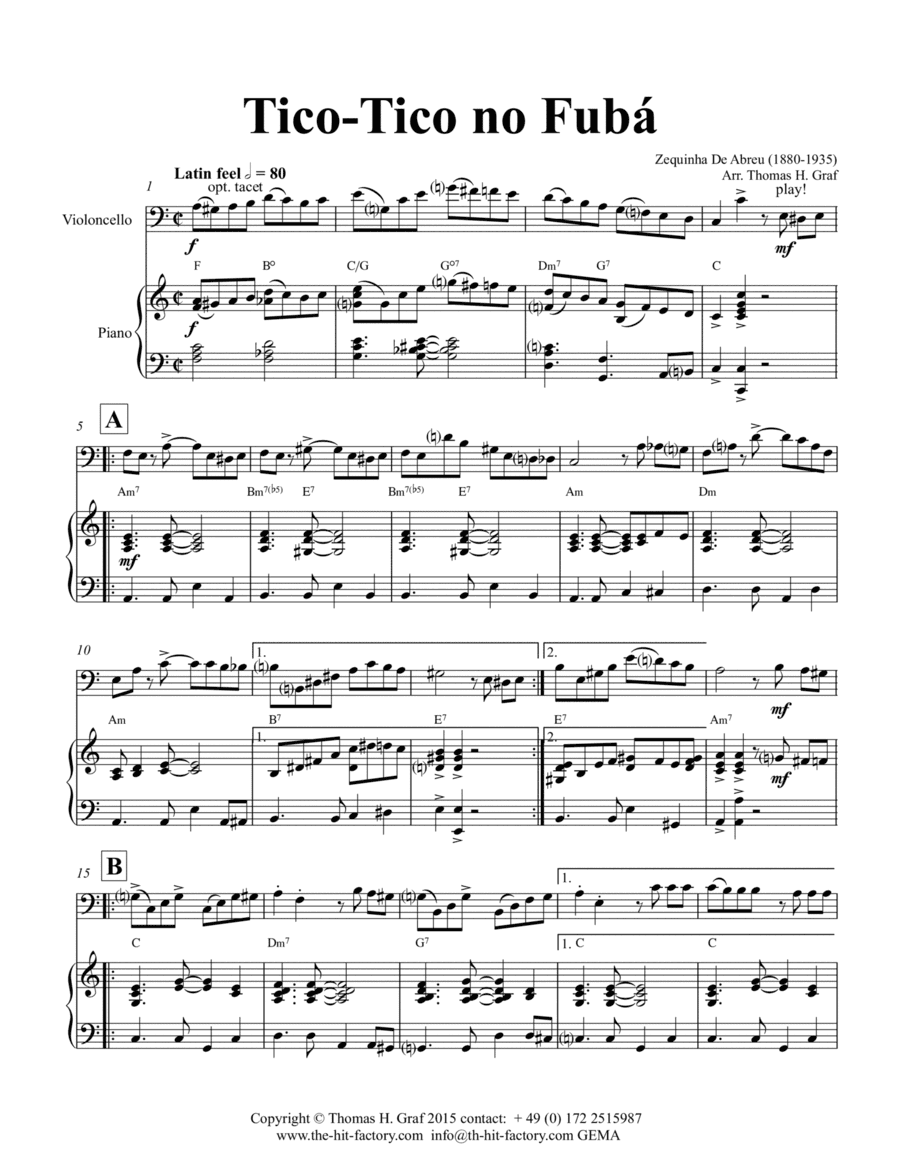 Tico-Tico no Fubá - Choro - Key: A-minor - Piano and Cello (arr. Thomas Graf)