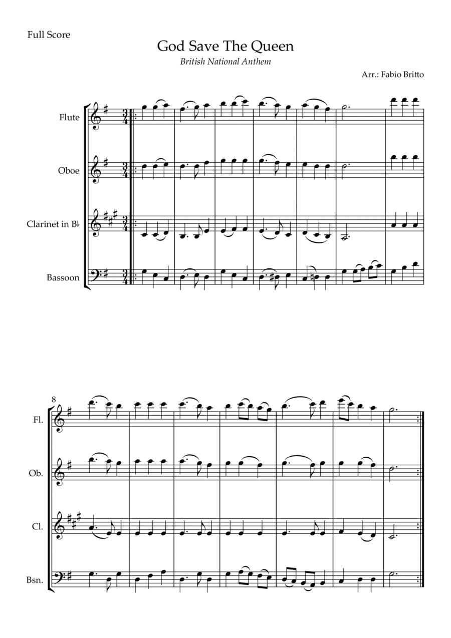 God Save The Queen (British National Anthem) for Woodwind Quartet (arr. Fabio Britto)