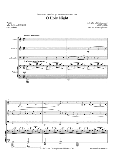 Cantique de Noel; O Holy Night - 2 Violins, Cello and Piano - C Major (arr. Anne L Christopherson GRSM ARCM)
