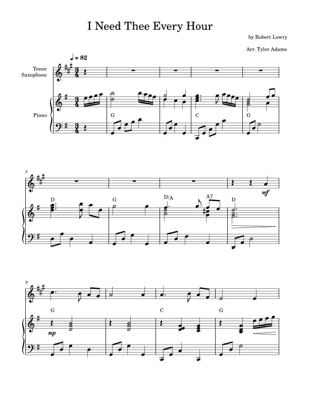 I Need Thee Every Hour (Tenor Sax Solo and Piano) (arr. Tyler Adams)