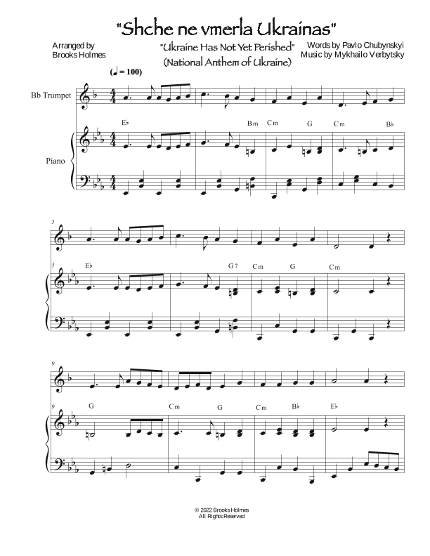 National Anthem Of Ukraine - Schche ne Vmerla Ukrainy (Trumpet & Piano) (arr. Brooks Holmes)