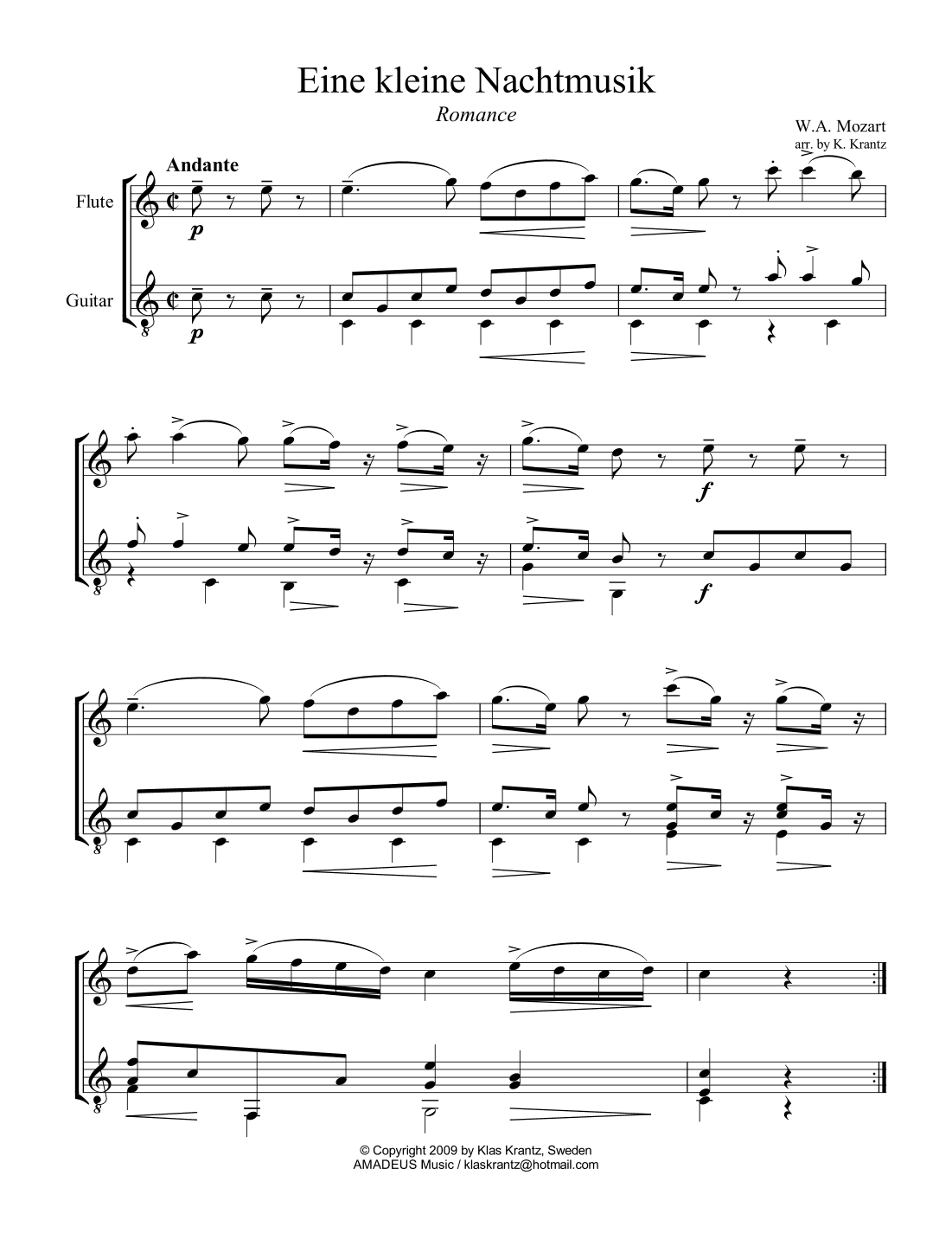 Romance from Eine kleine Nachtmusik for flute and guitar (arr. K. Krantz)