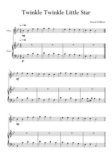 Twinkle Twinkle Little Star in Bb Major for Oboe and Piano. Very Easy. (arr. Matheus Araújo)