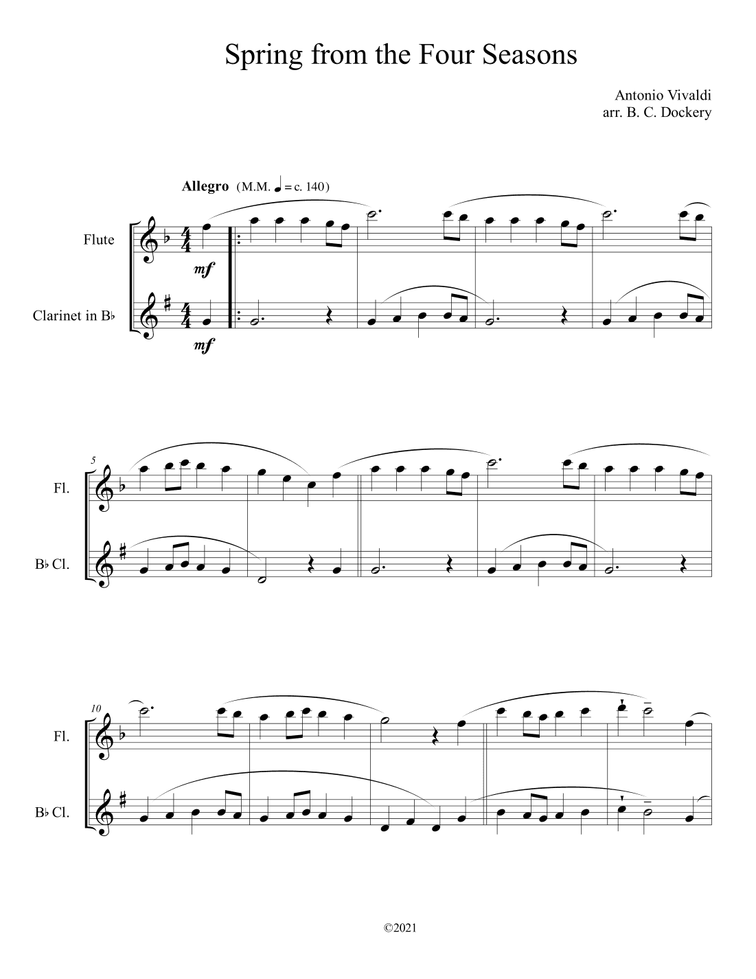 Spring from the Four Seasons (Flute and Clarinet Duet) (arr. B. C. Dockery)
