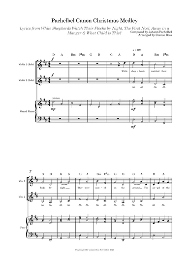 Pachelbel Canon with optional Christmas Medley lyrics violin duet and piano (arr. Connie Boss)