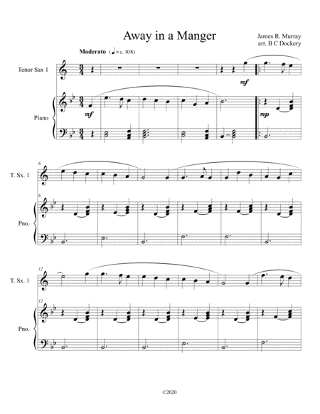 Away in a Manger (tenor sax solo) with optional piano accompaniment (arr. B C Dockery)