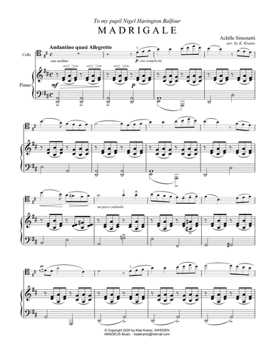 Madrigale for cello and piano, D Major (high position) (arr. K. Krantz)