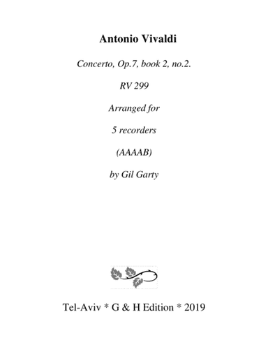 Concerto, Op.7, book 2, no,2, RV 299 (Arrangement for 5 recorders) (arr. Gil Garty)