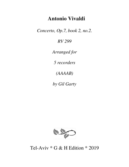 Concerto, Op.7, book 2, no,2, RV 299 (Arrangement for 5 recorders) (arr. Gil Garty)