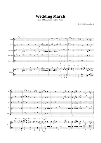 Wedding March by Mendelssohn for Woodwind Quintet and Piano with Chords (arr. Langanho)