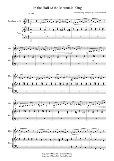 In the Hall of the Mountain King for Trombone in Bb and Piano (arr. David Burndrett)