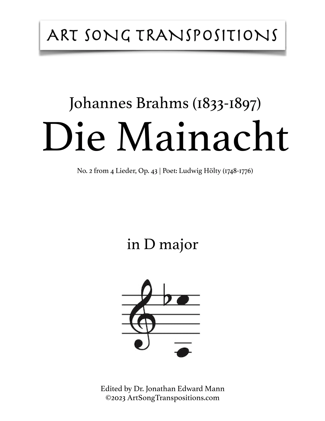 BRAHMS: Die Mainacht, Op. 43 no. 2 (transposed to D major) (arr. ArtSongTranspositions.com)