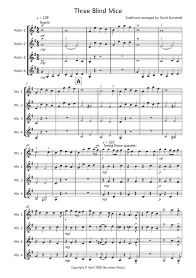 Three Blind Mice for Violin Quartet (arr. David Burndrett)