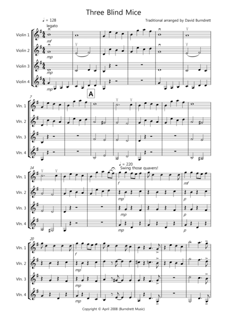 Three Blind Mice for Violin Quartet (arr. David Burndrett)
