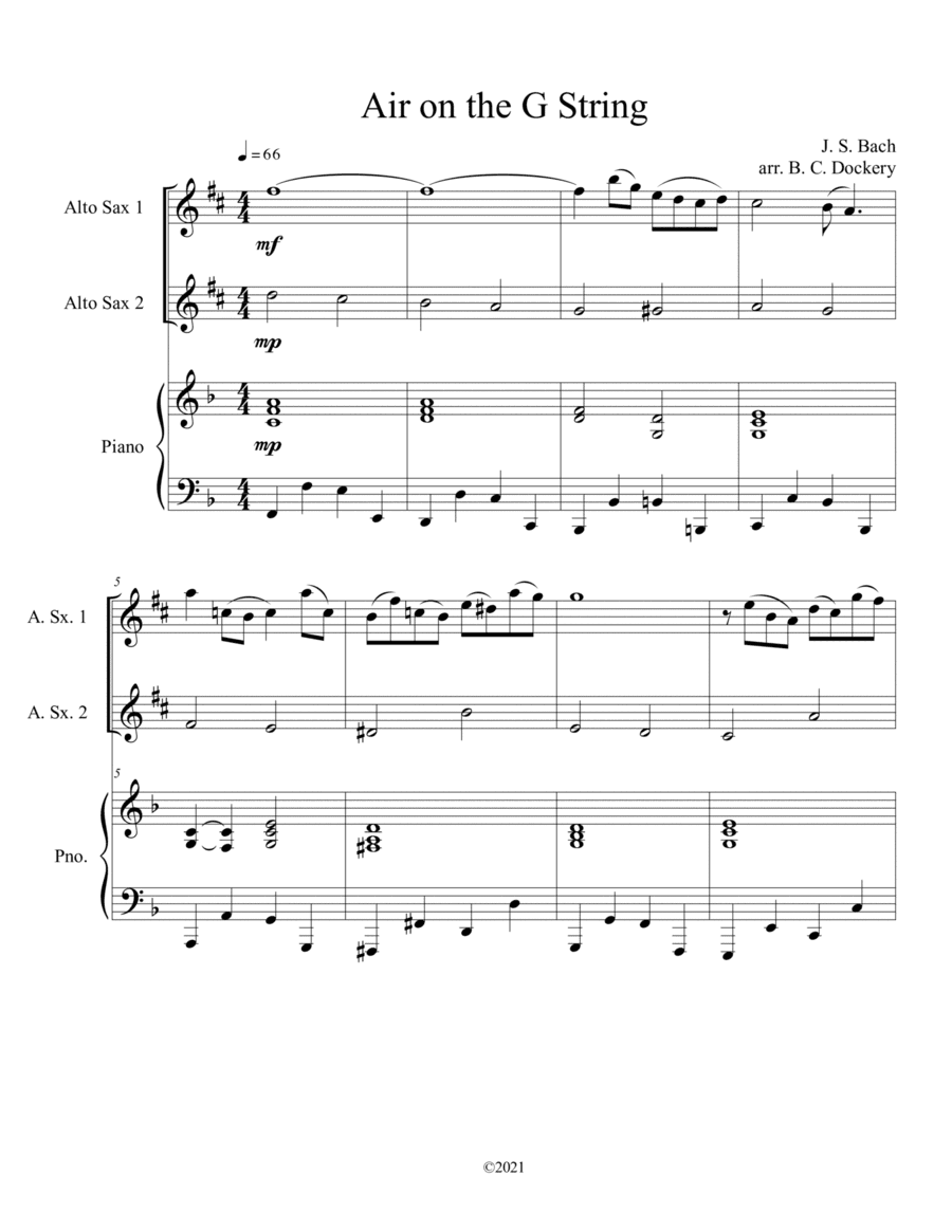Air on the G String for Alto Sax Duet with optional piano accompaniment (arr. B. C. Dockery)