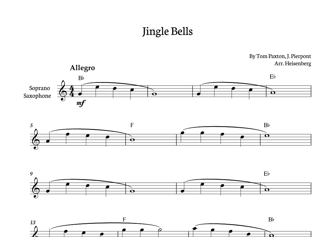 Jingle Bells for Soprano Saxophone with chords (arr. Heisenberg)