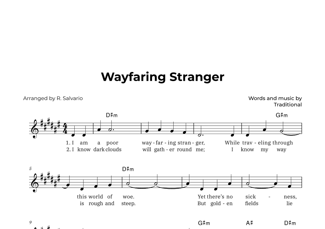 Wayfaring Stranger (Key of D-Sharp Minor) (arr. R. Salvario)