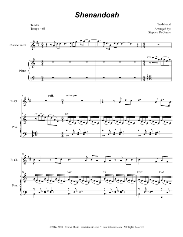 Shenandoah (for Bb-Clarinet solo and Piano) (arr. Stephen DeCesare)
