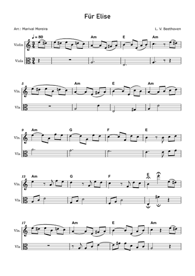 Fur Elise - Beethoven Violin and Viola (Score and Chords) v1 (arr. Marival Moreira)