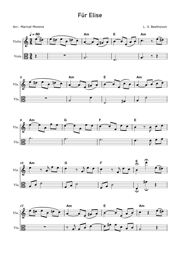 Fur Elise - Beethoven Violin and Viola (Score and Chords) v1 (arr. Marival Moreira)