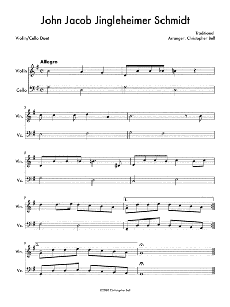 John Jacob Jingleheimer Schmidt (Easy Violin/Cello Duet) (arr. Christopher Bell)