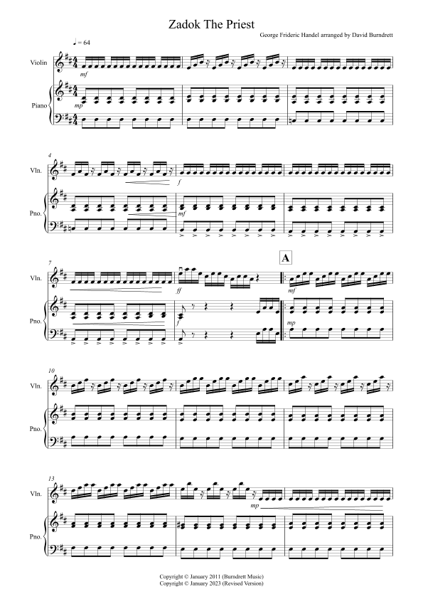 Zadok The Priest for Violin and Piano (arr. David Burndrett)