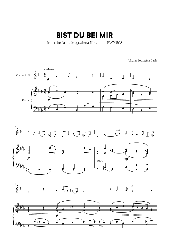 Bist du bei Mir (BWV 508) (for Clarinet and Piano) (arr. Cadenza Editions)