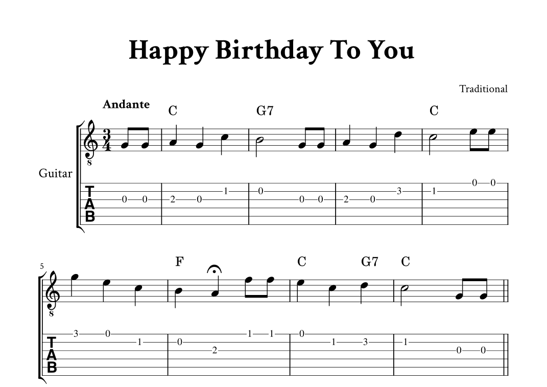 Happy Birthday To You - For Classical Guitar (C Major - with TAB, Chords) (arr. Yuri Noronha)