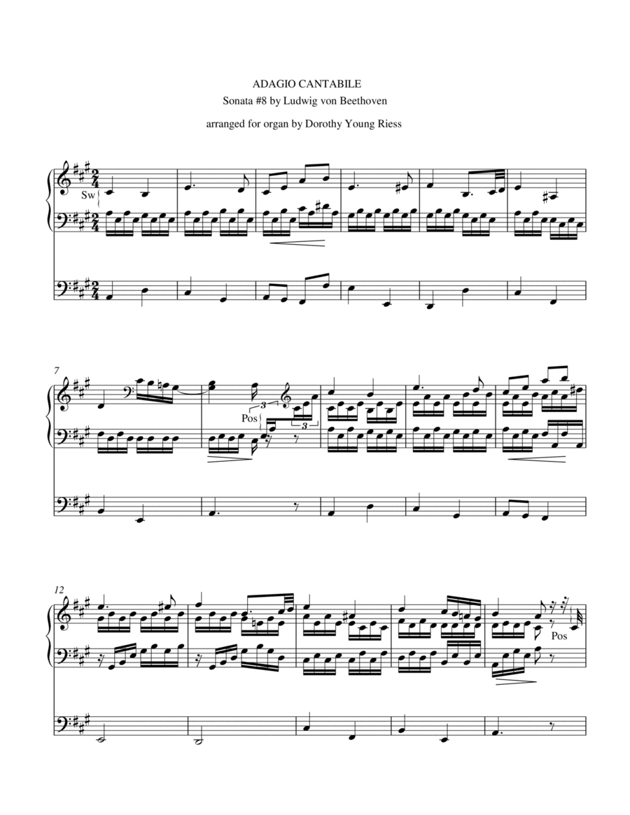 Ludwig von Beethoven Sonata #8, Adagio Cantabile arranged for organ by Dorothy Young Riess (arr. RAE VERLAG)