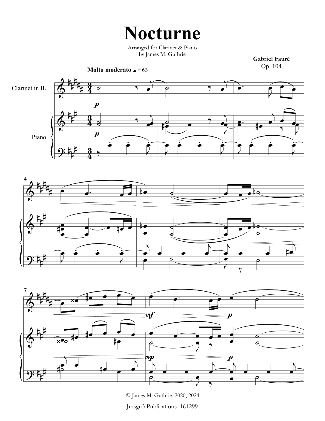 Fauré: Nocturne Op. 104 for Clarinet & Piano (arr. James Guthrie, ASCAP)