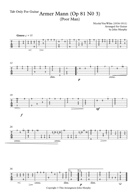 Armer Mann by N. Von Wilm Arranged for Guitar Tab Only (arr. John Murphy)