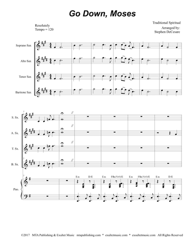 Go Down, Moses (for Saxophone Quartet and Piano) (arr. Stephen DeCesare)