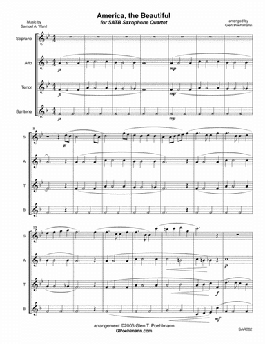AMERICA THE BEAUTIFUL arranged for SAXOPHONE QUARTET (SATB or AATB) (arr. Glen Poehlmann)