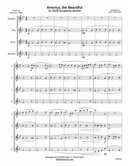 AMERICA THE BEAUTIFUL arranged for SAXOPHONE QUARTET (SATB or AATB) (arr. Glen Poehlmann)